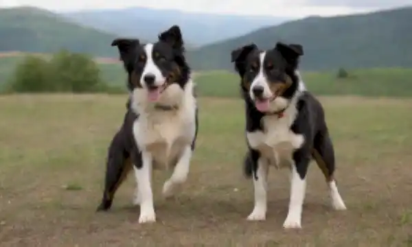 2 perros jugando, collie de frontera en el centro con pastor australiano en los lados, fondo natural, entorno al aire libre, tal vez algunas colinas o montañas, ambiente amistoso y energético, colores brillantes, composición dinámica