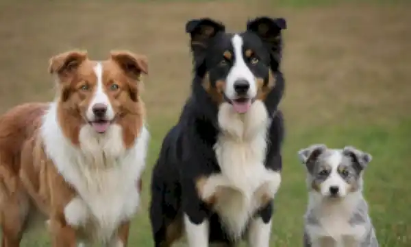 2 perros, uno un Collie Fronterizo con ojos brillantes, otro un Pastor Australiano con abrigo arbolado, de pie, al aire libre, pastizales, fondo natural, iluminación sutil, texturas contrastantes