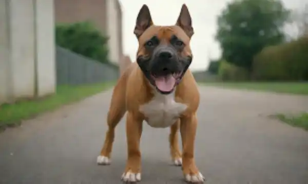 1 adulto AmStaff con construcción muscular, capa corta, cara de máscara negra y una expresión amistosa; 2-3 cachorros en diferentes poses; ajuste de luz natural; fondo urbano o suburbano; composición dinámica que muestra la agilidad de los perros y el juguetón