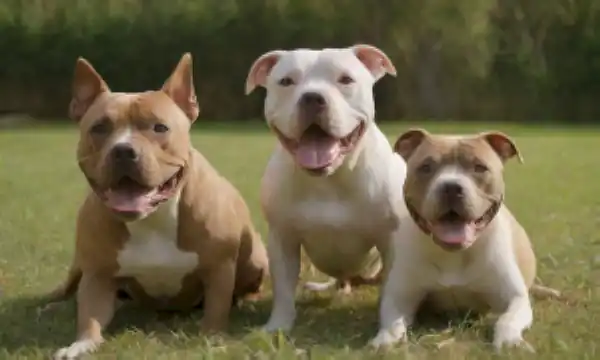 3-4 juguetón Pitbulls de diferentes razas, colores variados y poses, rodeado de césped verde o de parque, luz solar cálida, y posiblemente algunos juguetes o golosinas, con un ambiente global amigable y energético